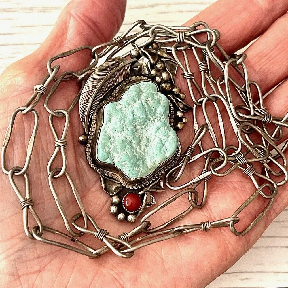 VTG Navajo Turquoise Pendant 2.5in Seafoam Nugget Paperclip Chain Necklace Old